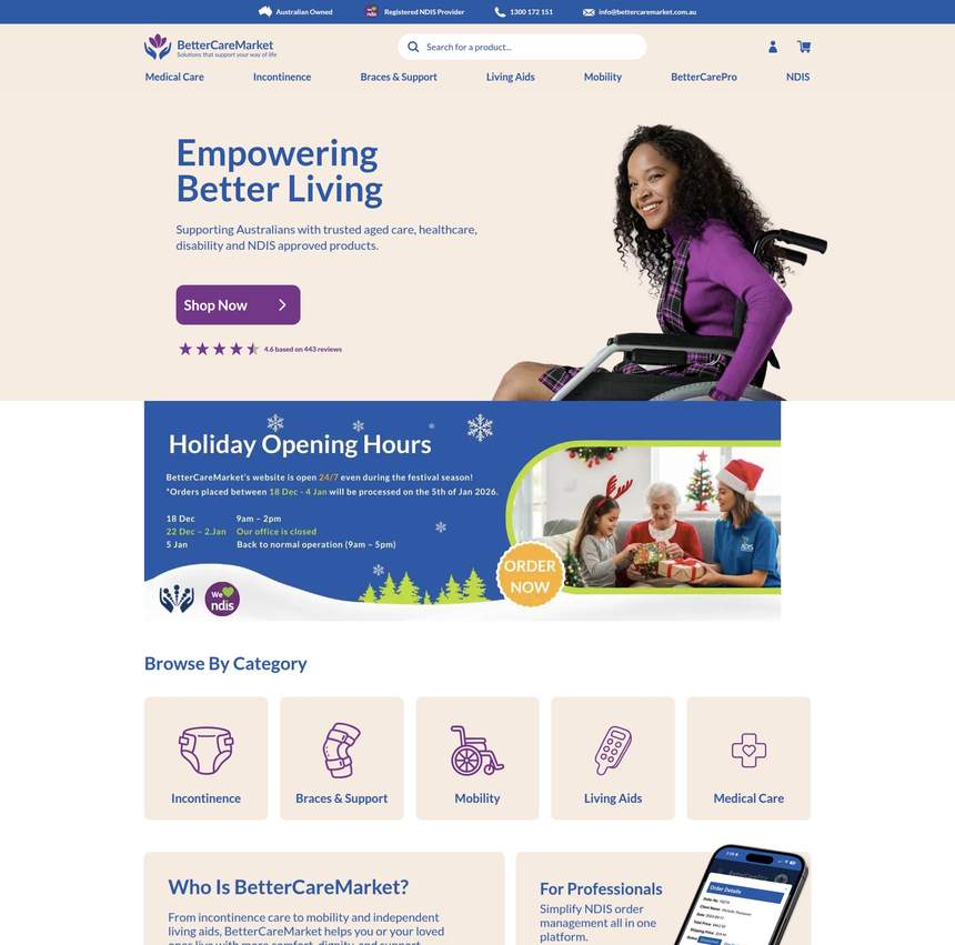 BetterCareMarket homepage after migration to Hyvä theme — faster, cleaner storefront