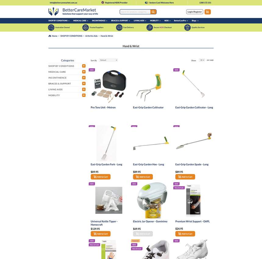 BetterCareMarket NDIS product category page on Magento Luma theme