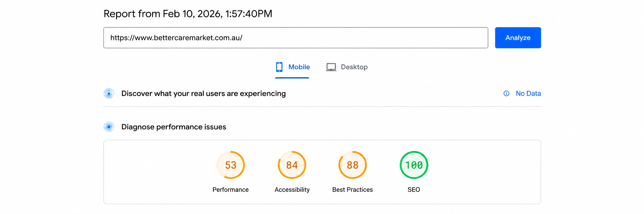 Google Lighthouse scores after Hyvä migration: 53 mobile, 71 desktop, 100 SEO