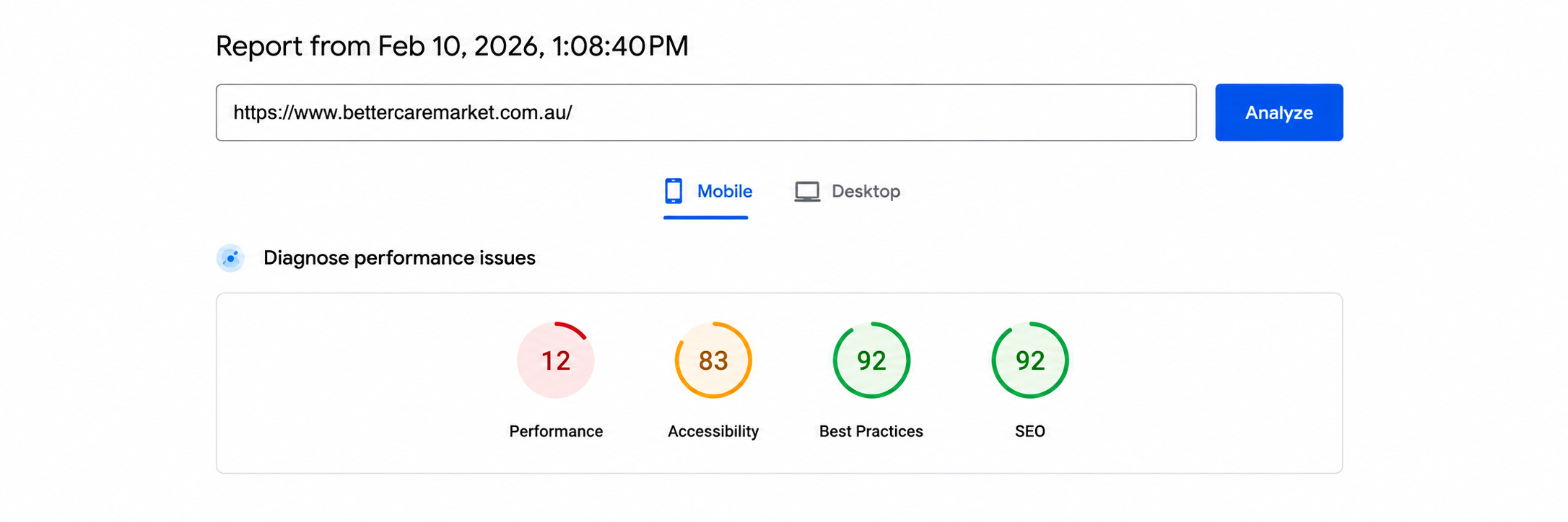 Google Lighthouse scores before Hyvä migration: 12 mobile, 41 desktop, 92 SEO